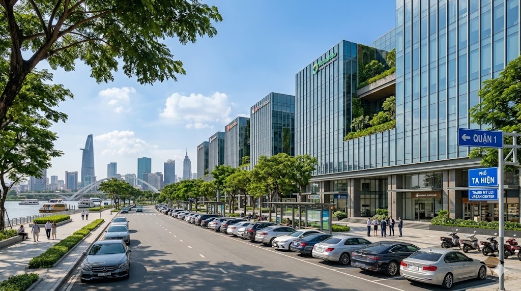 Trục đường Tạ Hiện sầm uất với các building văn phòng hiện đại tại khu đất Huy Hoàng Quận 2.