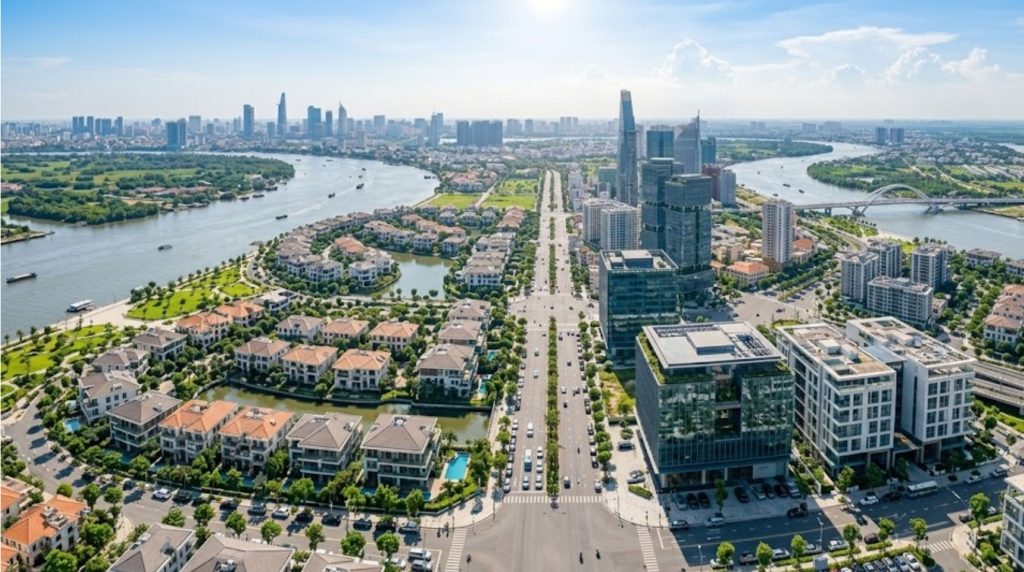 Trục đường trung tâm tại dự án Huy Hoàng với mật độ building văn phòng tăng mạnh năm 2026.