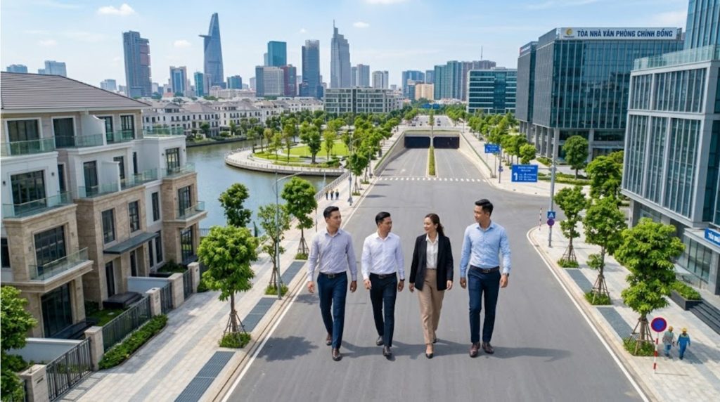 Khách hàng đi khảo sát thực tế việc mua đất Thạnh Mỹ Lợi trong năm 2026.